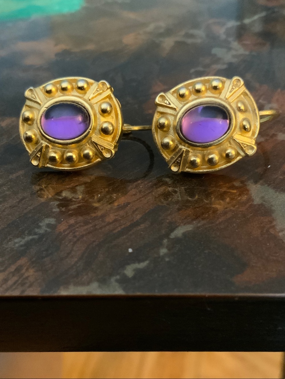 Gold-Tone Earrings with Purple Cabochon - Women Jewelry